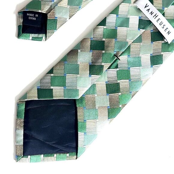 Van Heusen Green Tan Abstract Geometric Woven Silk Tie - Picture 6 of 7